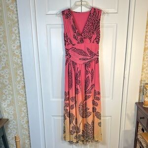 Beautiful Vibrant Pink and Yellow Chiffon Ombré Maxi Dress with Black Accents